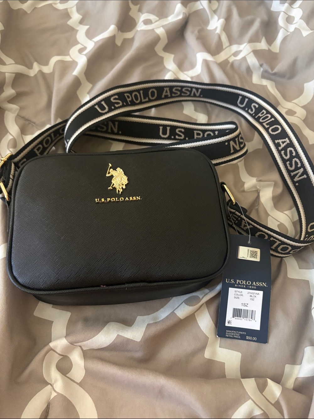 U.S. Polo Assn. Black Crossbody Bag with Branded Strap and Gold Logo